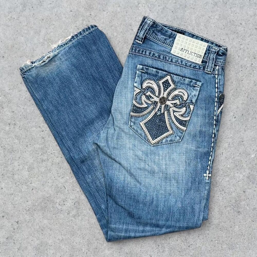 Y2K Affliction Blake Tribal Cross Embroidered Distressed Blue Jeans